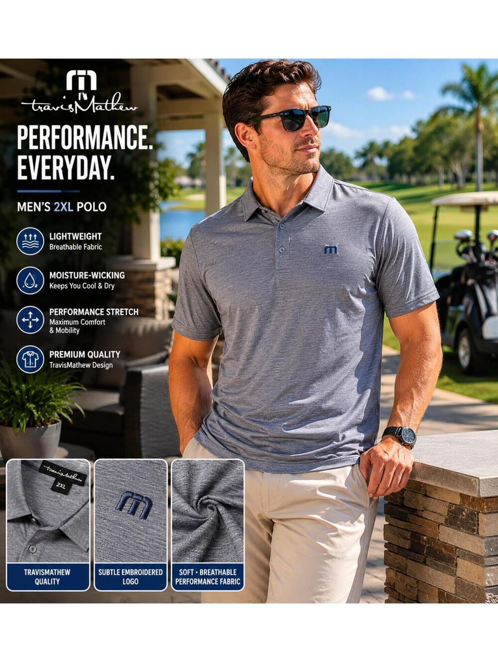 TravisMathew Men’s 2XL Heather Gray Performance Golf Polo